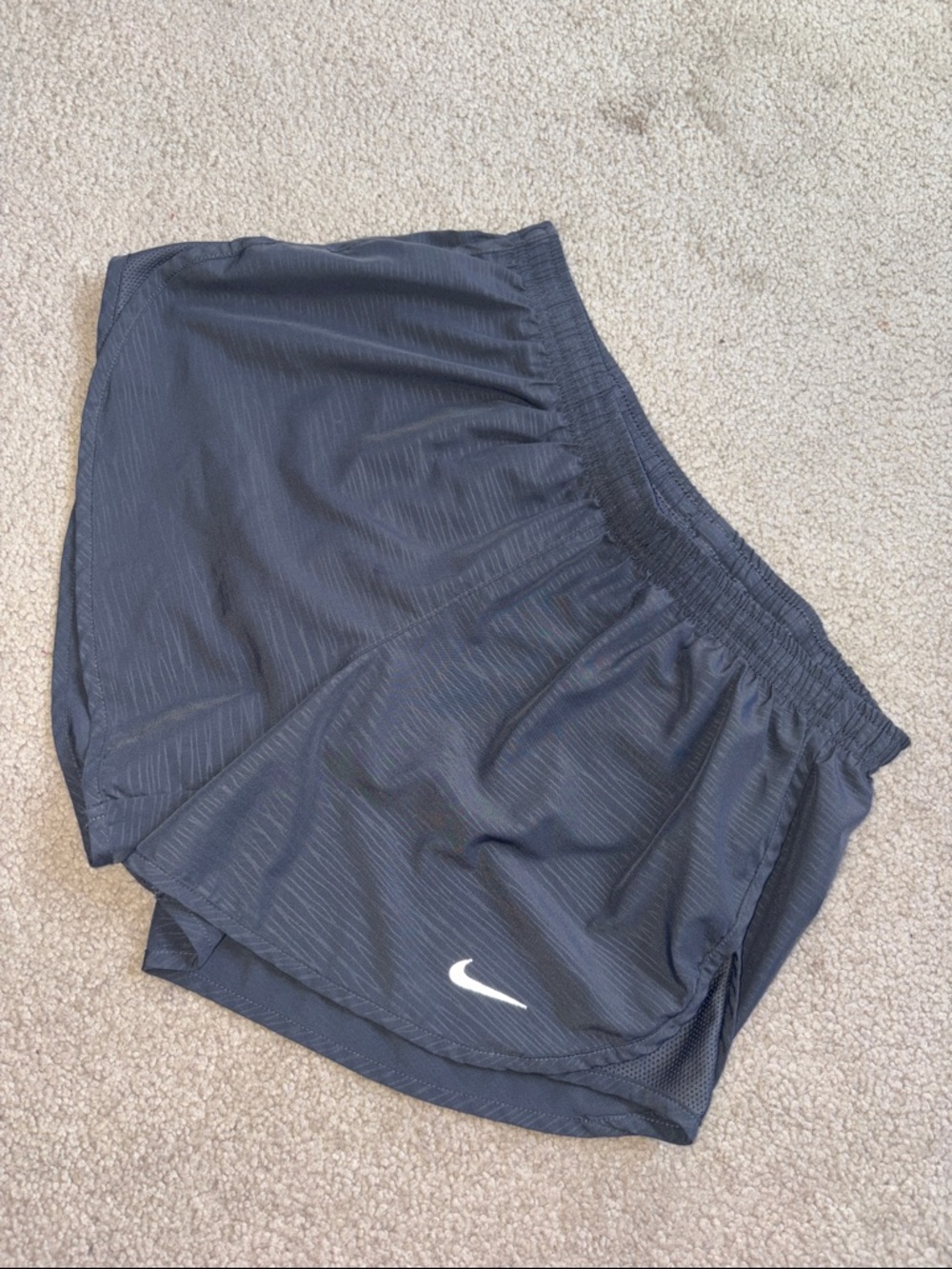 Nike Dark Gray Athletic Running Shorts with White Swoosh